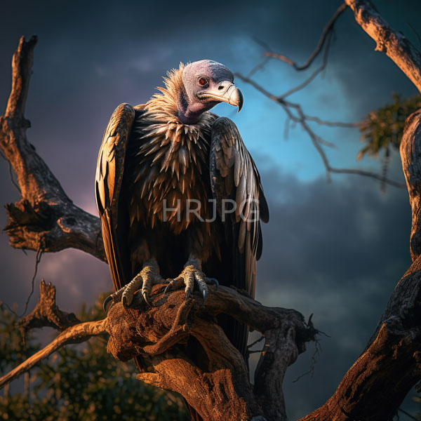 High Resolution: Adult vulture perched on gnarled sunlit tree branches against a moody twilight sky with dark clouds and blue hues and purple-crested head feathers download. | HRJPG.com