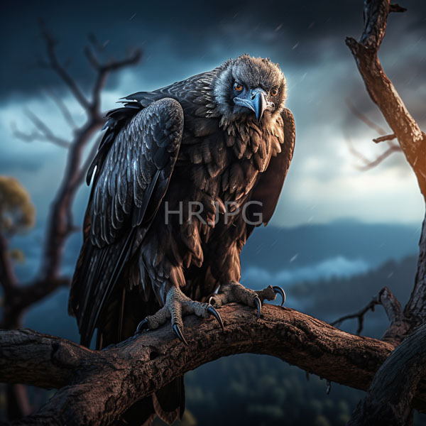 High Resolution: Photorealistic intense dark-feathered vulture with piercing red eyes perched on gnarled tree branches in a stormy twilight with mist-covered mountains in the background download. | HRJPG.com