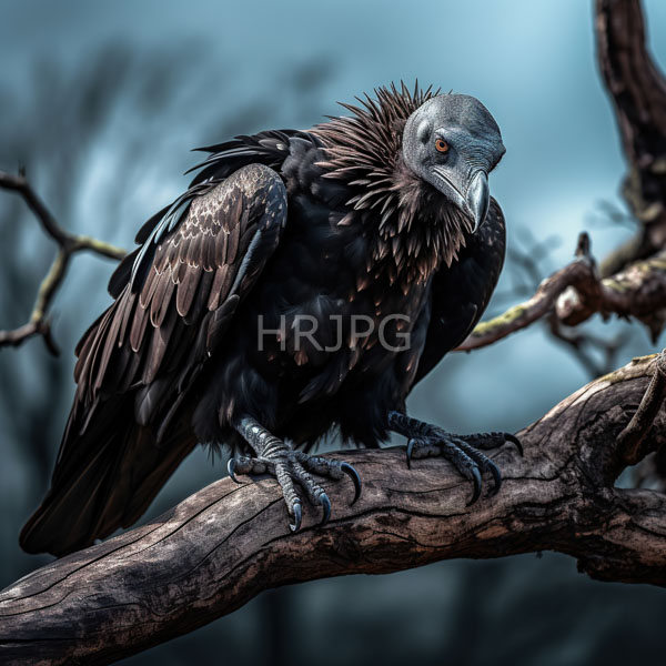 High Resolution: Photorealistic ominous black vulture with spiky feathers and sharp claws gripping a gnarled tree branch against a blurred blue-gray background with a red eye download. | HRJPG.com