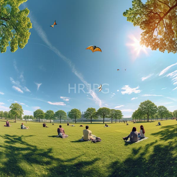 High Resolution: Sunny park with vibrant green grass scattered groups sitting on blankets under tall trees with colorful kites flying in a clear blue sky download. | HRJPG.com