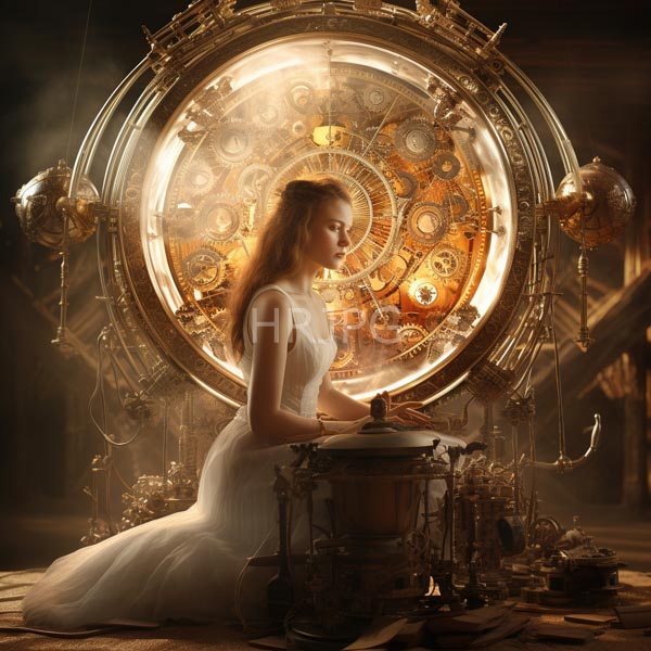 High Resolution: Ethereal fair-skinned woman with long blonde hair kneels before intricate steampunk clockwork machinery emitting warm golden light download. | HRJPG.com