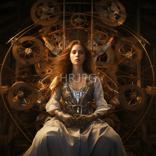 High Resolution: Ethereal young woman with long flowing brown hair sits before intricate steampunk clockwork machinery wearing a silver-embellished white dress download. | HRJPG.com