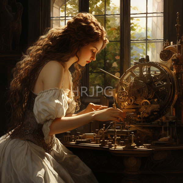 High Resolution: Ethereal young woman with long wavy brown hair works on intricate mechanical clockwork machinery in warm sunlight streaming through tall windows download. | HRJPG.com
