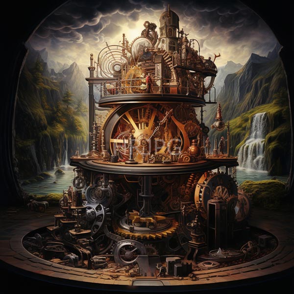 High Resolution: Highly detailed fantasy artwork depicts an intricate steampunk clock tower with numerous gears and mechanical components against lush green mountains download. | HRJPG.com