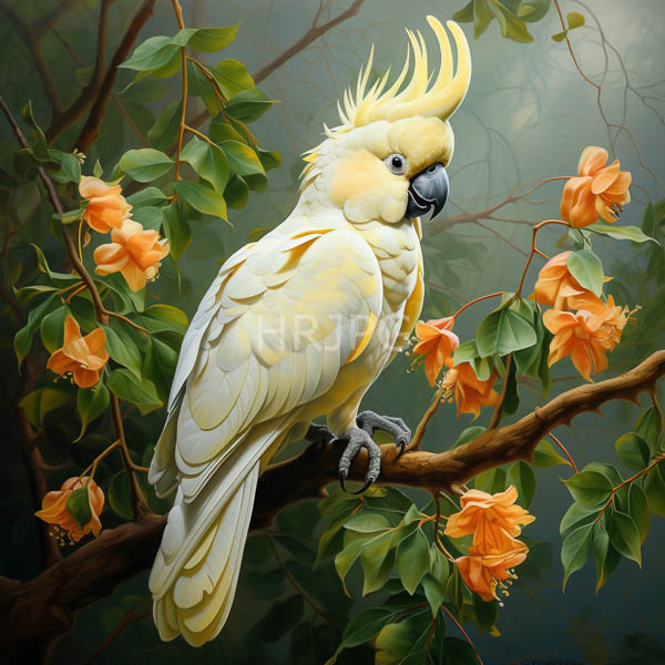 High Resolution: Elegant yellow-crested cockatoo perched on a branch adorned with vibrant orange flowers and lush green leaves against a misty forest background download. | HRJPG.com
