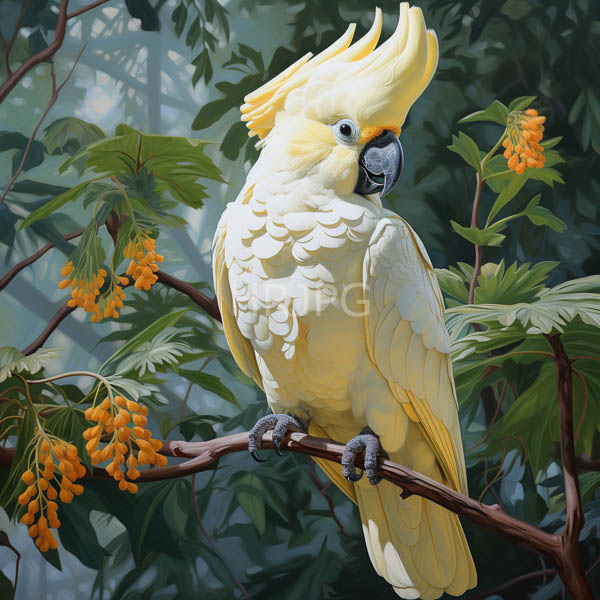 High Resolution: Elegant yellow cockatoo with prominent crest feathers perched on a branch adorned by clusters of orange flowers in a dense forest background download. | HRJPG.com