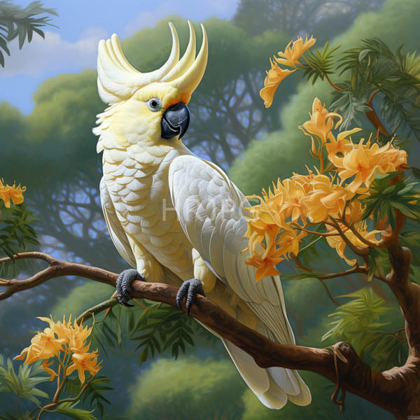 High Resolution: Elegant yellow cockatoo with prominent crest feathers perched on a tree branch adorned with vibrant orange flowers and green leaves download. | HRJPG.com