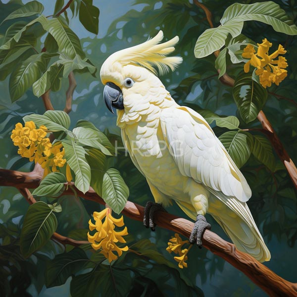 High Resolution: Elegant yellow cockatoo with white feathers perched on a brown branch amidst lush green leaves adorned by vibrant orange-yellow flowers download. | HRJPG.com