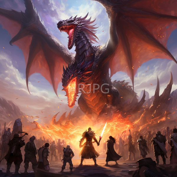 High Resolution: Enormous fiery-breathed dragon with glowing red eyes looms over warriors holding torches with a central figure wielding a bright sword download. | HRJPG.com