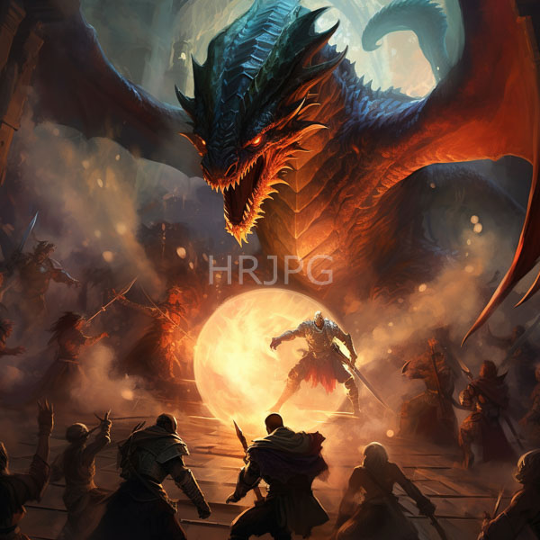 High Resolution: Epic battle scene with a massive fiery blue and red dragon dominating center frame above a glowing full moon and a dark armored warrior download. | HRJPG.com