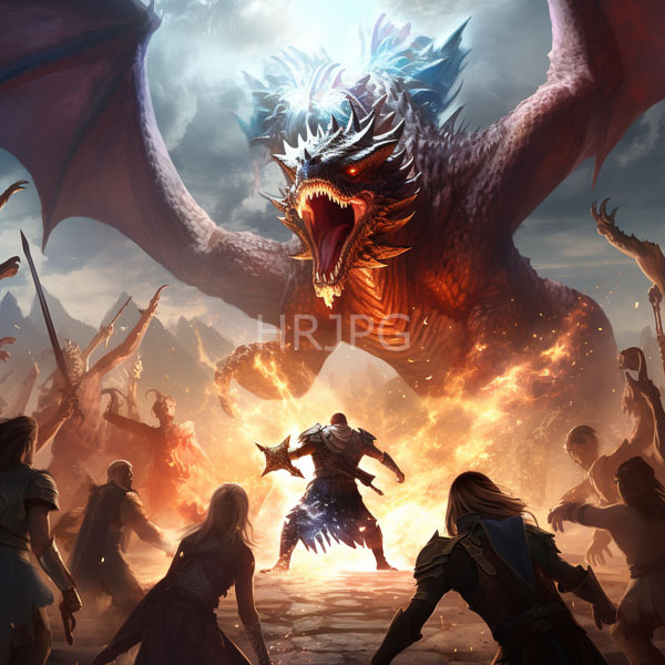 High Resolution: Epic battle scene with a massive fiery red dragon roaring above armored warriors in combat attire with flames and scattered debris surrounding them download. | HRJPG.com