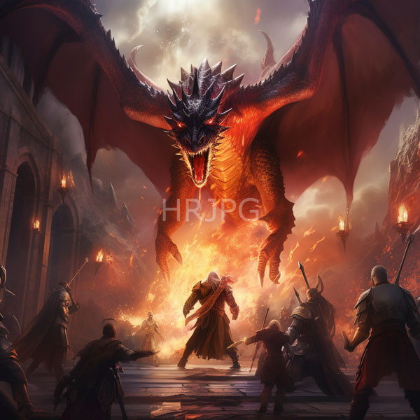 High Resolution: Enormous fiery red dragon with dark blue scales and menacing eyes hovers above a stone courtyard where armored warriors stand defensively at nightfall download. | HRJPG.com