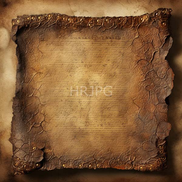 High Resolution: Aged parchment-like document with cracked and weathered edges adorned by small golden studs at each corner with faded cursive text in the center download. | HRJPG.com