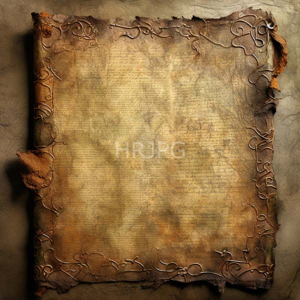 High Resolution: Aged rectangular parchment with browned edges and intricate metal scrollwork bordering all sides featuring faint textural patterns download. | HRJPG.com