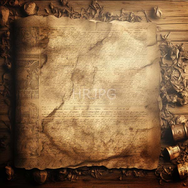 High Resolution: Aged yellowed parchment scroll with visible cracks and worn edges adorned by scattered acorns leaves and small rolled-up scrolls on a wooden table download. | HRJPG.com