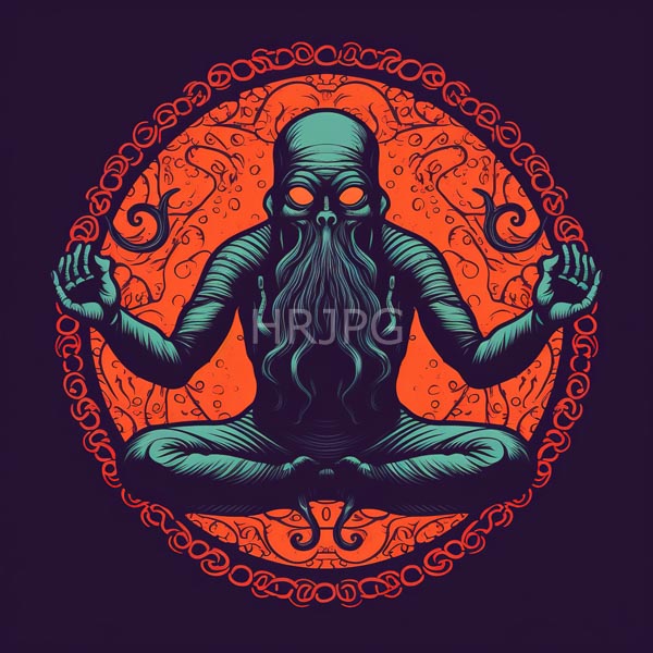 High Resolution: Eerie teal-skinned skeletal figure with a long flowing beard and glowing orange eyes in a lotus position against a vibrant red-orange circular background download. | HRJPG.com