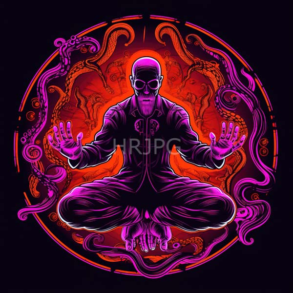 High Resolution: Asian man with a bald head and beard wearing glasses and a dark suit sits cross-legged in a meditative pose against a vibrant red-orange background with swirling tentacles download. | HRJPG.com