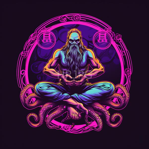 High Resolution: Ancient muscular man with long blue hair and beard in a lotus position with pale-blue skin and octopus tentacles emerging from beneath him download. | HRJPG.com