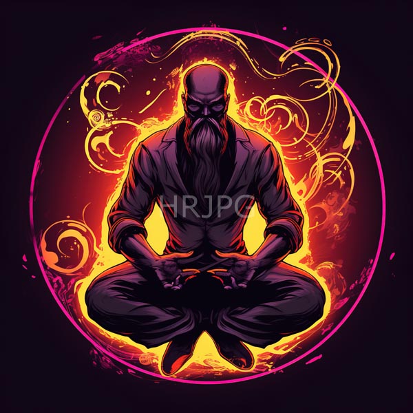 High Resolution: Intense bald male figure with a long black beard and mustache in a lotus position within a fiery yellow-orange glow wearing dark purple robes download. | HRJPG.com