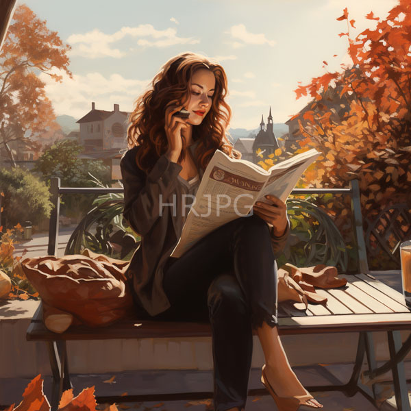 High Resolution: Attractive woman with wavy brown hair wears glasses and dark clothing sitting on a wooden bench in autumn sunlight reading a newspaper surrounded by orange leaves download. | HRJPG.com