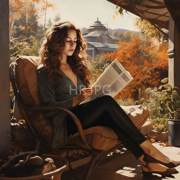 High Resolution: Attractive woman with long wavy brown hair reading in autumn sunlight on a porch chair wears black leggings and a green blouse surrounded by orange-leaved trees download. | HRJPG.com