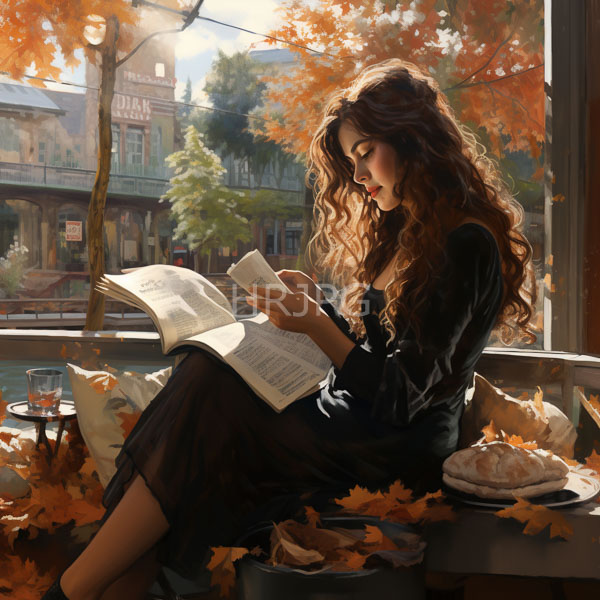 High Resolution: Ethereal woman with long wavy brown hair and fair skin sitting in sunlight by a window reading an open book with orange leaves scattered around her chair download. | HRJPG.com