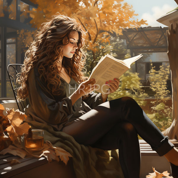 High Resolution: Attractive woman with long wavy brown hair reading on a sunlit balcony during autumn wears black pants and a green robe amidst fallen leaves download. | HRJPG.com
