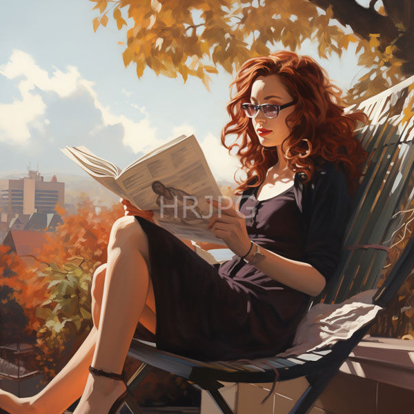 High Resolution: Attractive fair-skinned woman with curly red hair and glasses reading in autumn sunlight on a balcony chair wears a black dress with a cityscape background download. | HRJPG.com