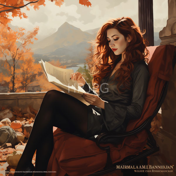 High Resolution: Attractive fair-skinned woman with long red hair reading on a porch during autumn wears black stockings and a dark dress seated among fallen leaves download. | HRJPG.com