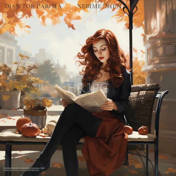 High Resolution: Elegant woman with long wavy red hair and fair skin reading on a wrought-iron bench in an autumnal outdoor setting with two pumpkins nearby download. | HRJPG.com