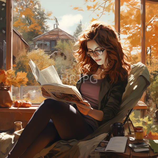 High Resolution: Attractive fair-skinned woman with wavy brown hair and glasses reading in a sunlight-filled room wears a black cardigan on a green chair near a window download. | HRJPG.com