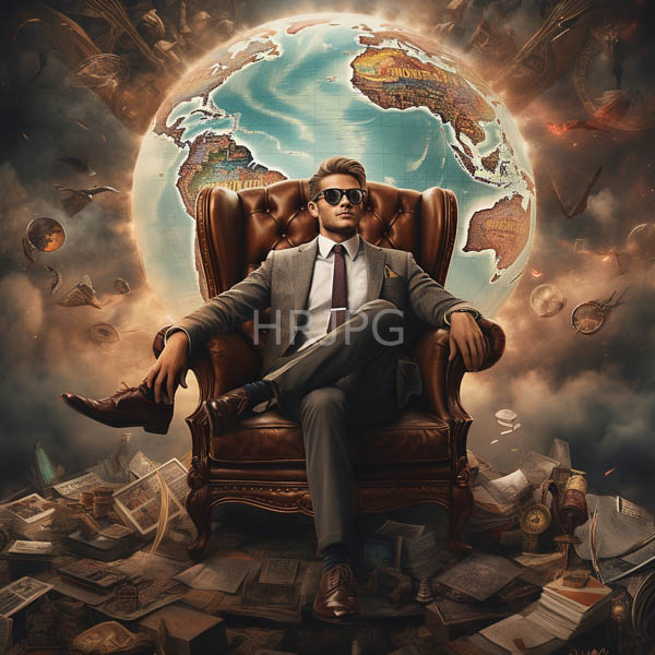 High Resolution: Suave dark-haired man in sunglasses and a gray suit sits confidently on an ornate leather chair against a backdrop of a glowing Earth surrounded by floating papers download. | HRJPG.com