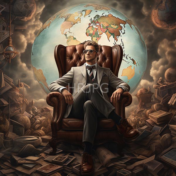 High Resolution: Confident white male with short brown hair and glasses sits in an ornate leather armchair against a cloudy background featuring Earth as seen from space download. | HRJPG.com