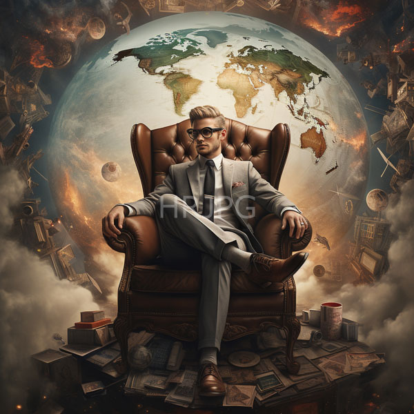 High Resolution: Authoritative light-skinned man with slicked-back brown hair and black-rimmed glasses sits confidently in a leather armchair against a backdrop of Earth's world map download. | HRJPG.com