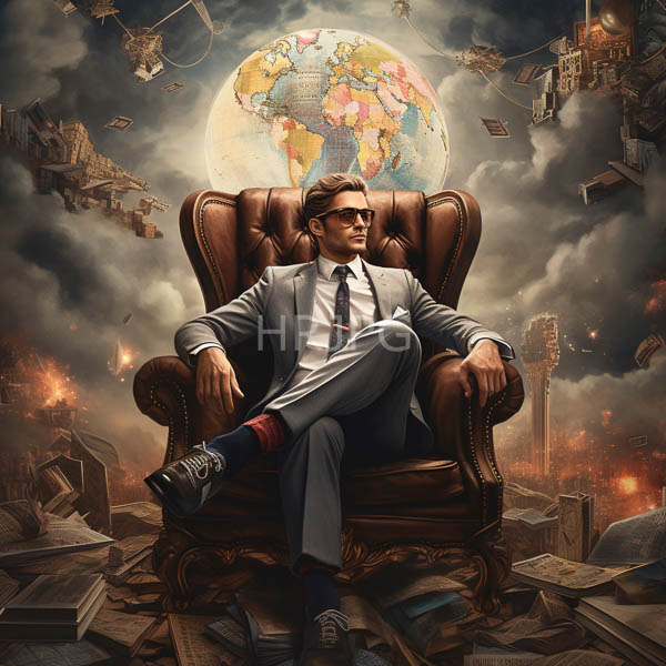 High Resolution: Authoritative light-skinned man with brown hair and sunglasses sits confidently in a leather armchair against a cloudy sky featuring floating books and ruins download. | HRJPG.com