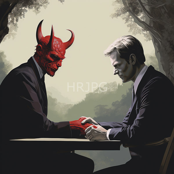 High Resolution: Two men seated at an outdoor table one red-skinned demon-like creature wearing a black suit and a horned helmet shaking hands with a pale-skinned man download. | HRJPG.com