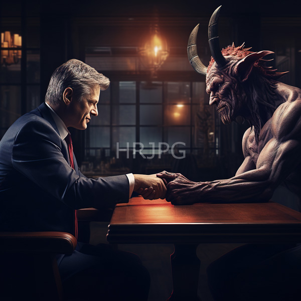 High Resolution: Intense dim-lit scene features two men shaking hands across a wooden table in a dark office or conference room with industrial-style lighting download. | HRJPG.com