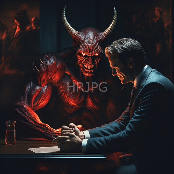 High Resolution: Intense scene in dim lighting where a muscular demon with glowing red skin and large horns looms over a suited man signing documents at a wooden table download. | HRJPG.com