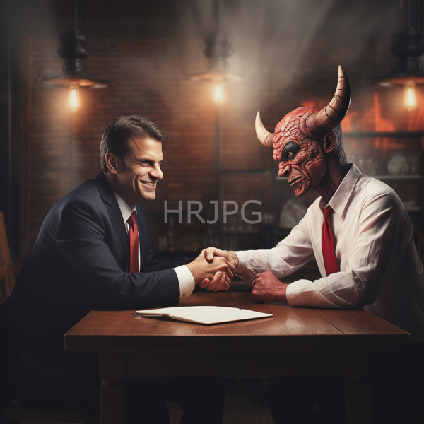 High Resolution: Two men shaking hands at an industrial-style wooden table one wearing a devil horns mask on his head smiling warmly opposite another similarly-dressed man download. | HRJPG.com