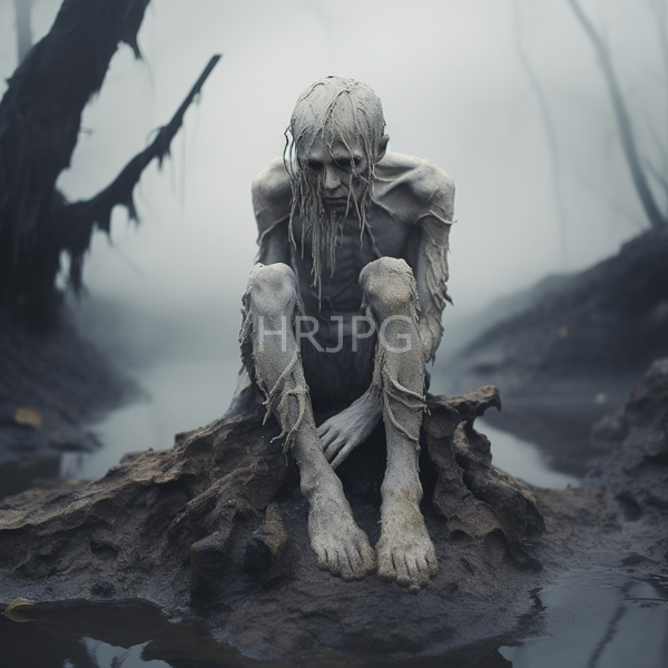 High Resolution: Photorealistic emaciated skeletal humanoid with long wet hair and tattered clothing sits on rocky terrain in foggy swampy surroundings download. | HRJPG.com