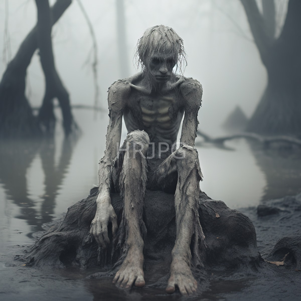 High Resolution: Emaciated skeletal humanoid with pale skin and wet matted hair sits on a rock in murky water amidst foggy trees at night with a visible ribcage download. | HRJPG.com