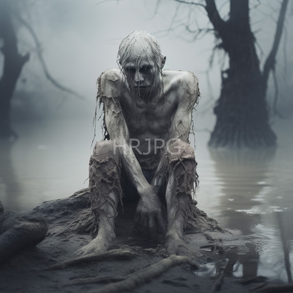 High Resolution: Haunting emaciated skeletal humanoid with pale skin and long white hair sits on muddy ground by murky water in a foggy forest clearing download. | HRJPG.com