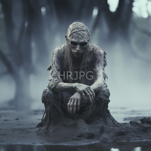 High Resolution: Eerie mud-covered man with long wet hair and gaunt features crouches in muddy water amidst foggy trees with a somber expression download. | HRJPG.com
