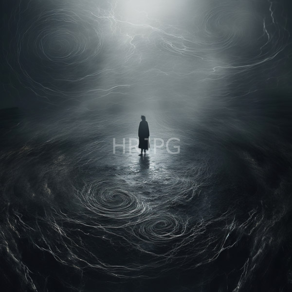 High Resolution: Isolated silhouetted figure in dark clothing stands at center on reflective water with swirling patterns and lightning-like lines surrounding them download. | HRJPG.com