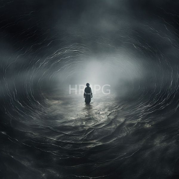 High Resolution: Isolated silhouetted figure stands in dark water with rippling textures and swirling patterns surrounding them under dim light from above download. | HRJPG.com
