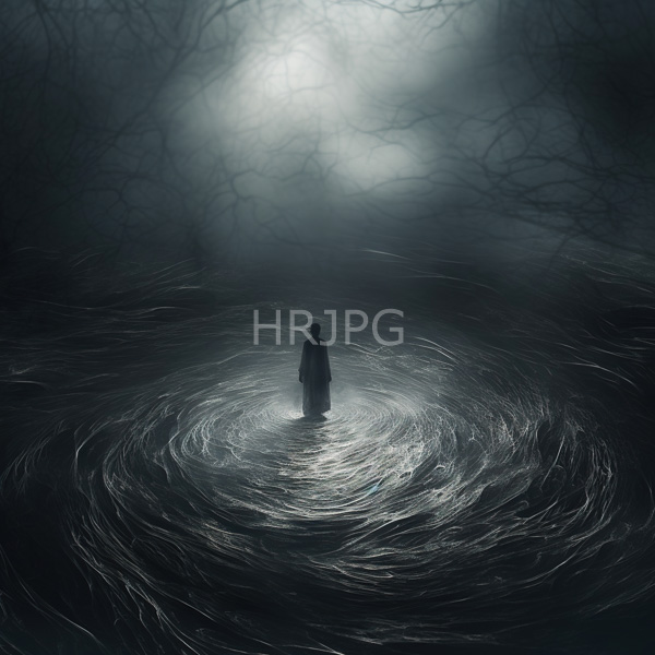 High Resolution: Eerie foggy forest scene with dark branches overhead and swirling water around a solitary figure in long robes standing waist-deep download. | HRJPG.com
