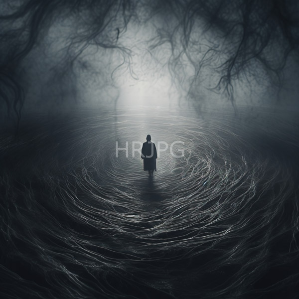 High Resolution: Eerie foggy landscape with dark tree branches overhead and swirling water beneath a solitary figure in black clothing stands centered in mid-water download. | HRJPG.com