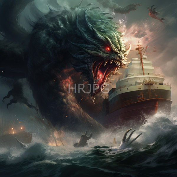 High Resolution: Enormous ferocious sea monster with green scales and glowing red eyes attacks a large ship in turbulent waters at nightfall download. | HRJPG.com