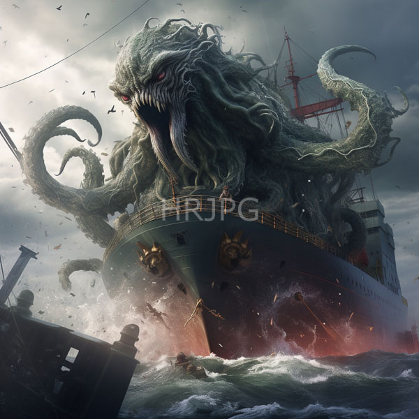 High Resolution: Enormous tentacled sea monster with glowing red eyes and sharp teeth emerging from turbulent waters to attack a large ship in stormy weather download. | HRJPG.com
