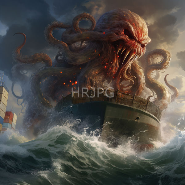 High Resolution: Enormous grotesque sea monster with red-veined tentacles and bulging eyes emerging from turbulent ocean waves around a sinking cargo ship download. | HRJPG.com
